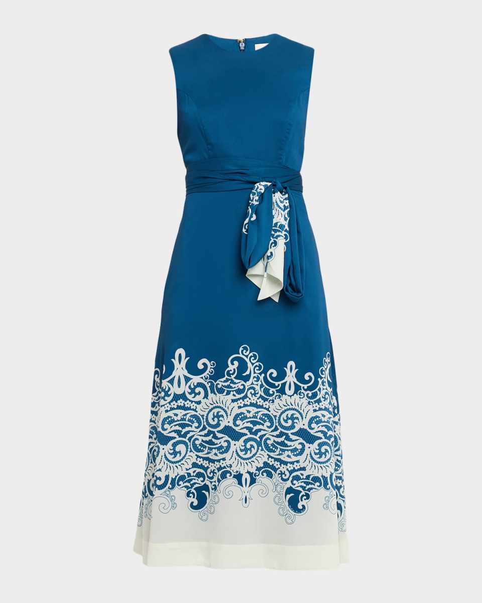 Nolita Sleeveless Lace-Print Twill Midi Dress